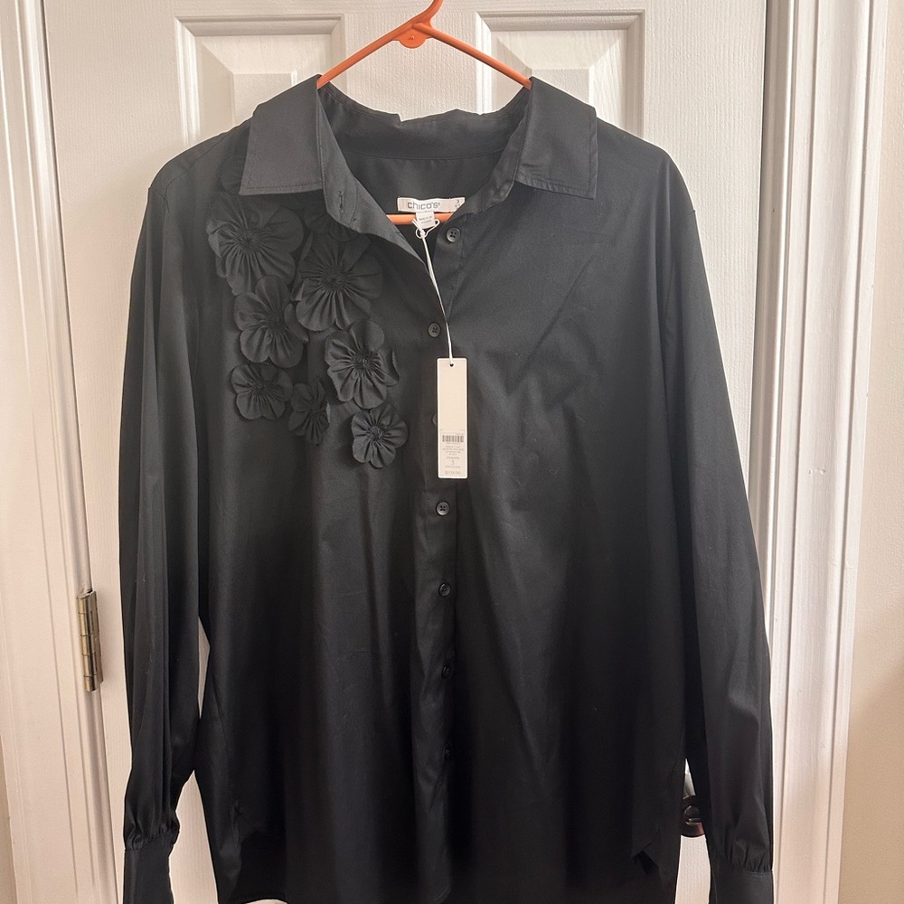 NWT Chico’s Elegant Black Shirt with Floral Detail